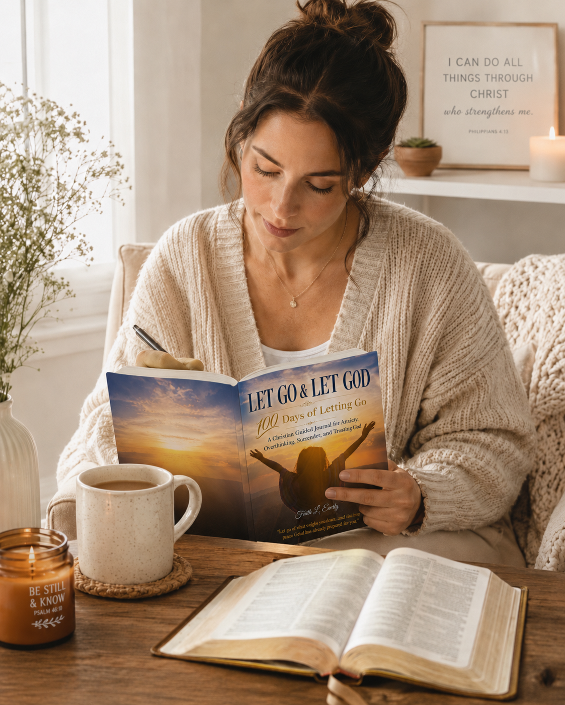 Woman writing with a pen in the Let Go & Let God: 100 Days of Letting Go journal beside an open Bible, candle, and coffee.