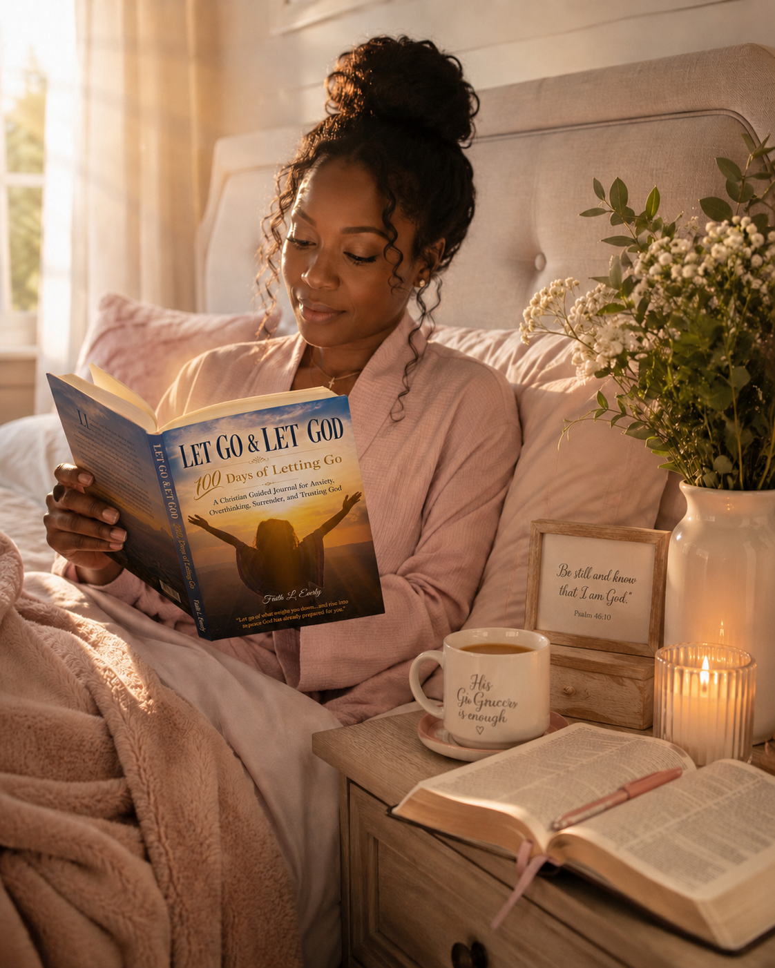 Woman reading Let Go & Let God: 100 Days of Letting Go in a peaceful bedroom beside a Bible, candle, and devotional setting.