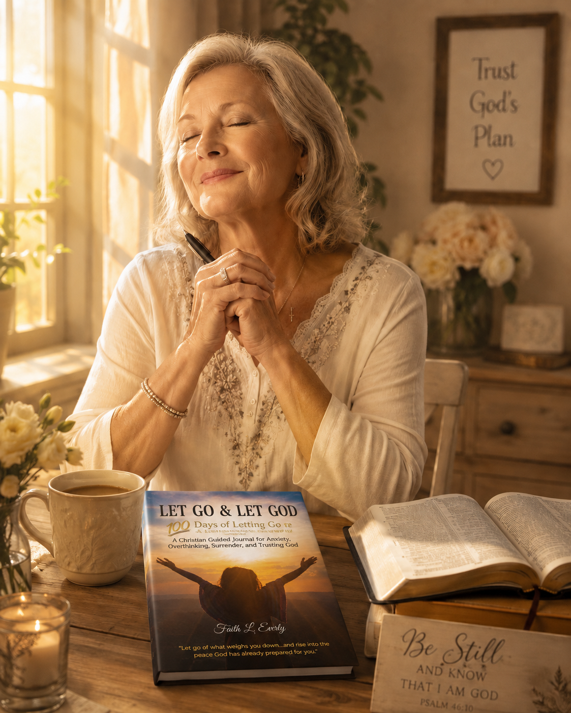 Peaceful Christian devotional scene featuring Let Go & Let God: 100 Days of Letting Go, a guided journal designed to support prayer, reflection, surrender, emotional growth, and deeper trust in God.