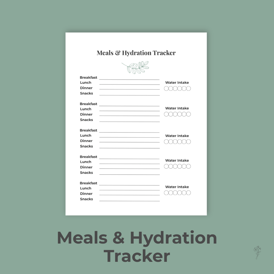 A printable Hydration & Meals Tracker featuring five daily sections with lines for breakfast, lunch, dinner, and snacks, plus six water‑intake circles for each day. Minimal sage accents and a small leaf illustration beneath the title create a calm, organi