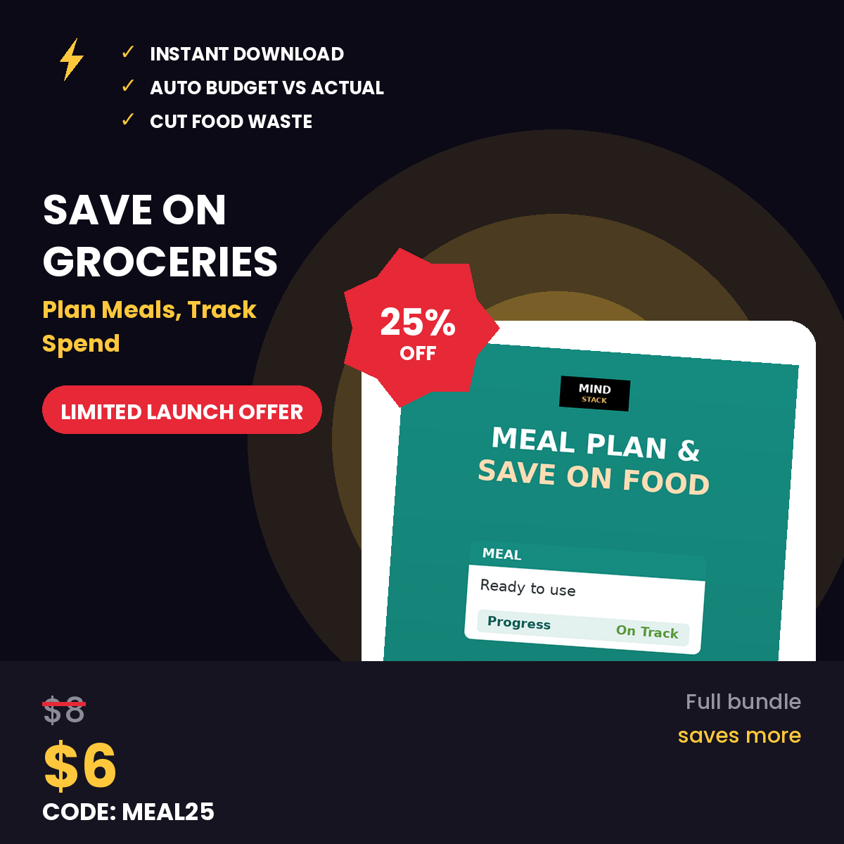 Meal Planner and Grocery Budget Tracker Excel and Google Sheets template with weekly meal calendar, grocery list by category, and budget tracking for cost-effective meal planning