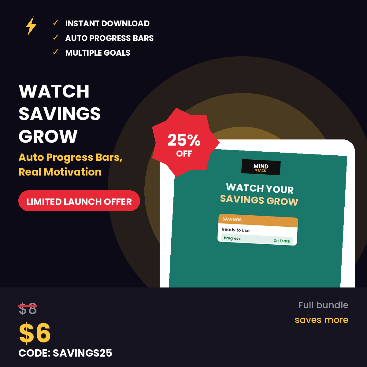 Savings Goals Tracker Excel and Google Sheets template with goal setting, deadline tracking, auto-calculating progress bars, and monthly savings planner