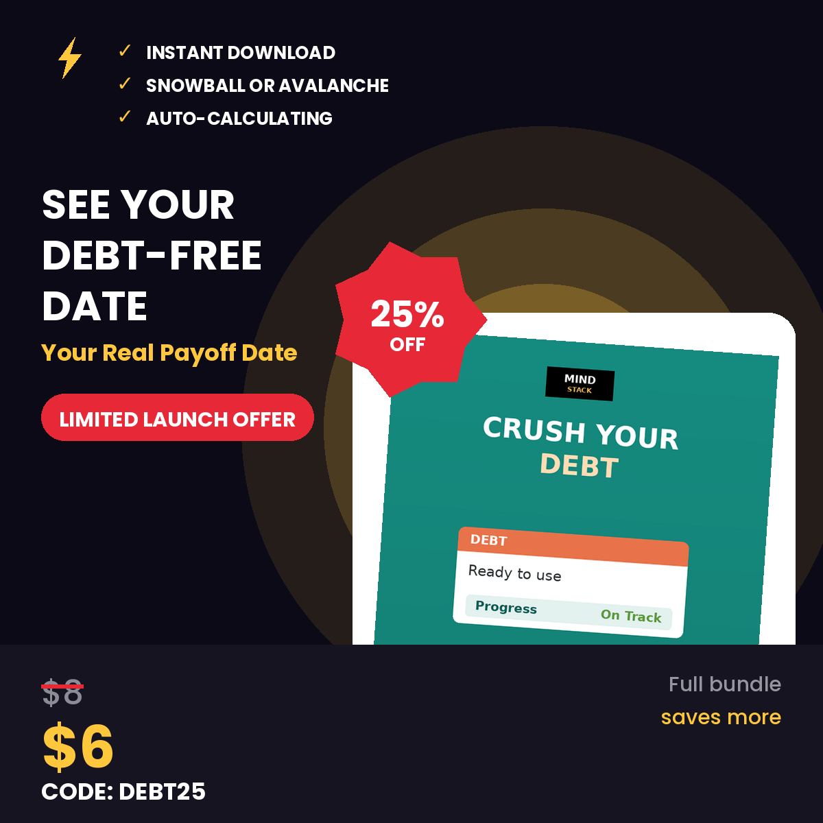 Debt Payoff Tracker Excel and Google Sheets template with snowball and avalanche payoff methods, progress charts, and automatic calculations for debt-free journey