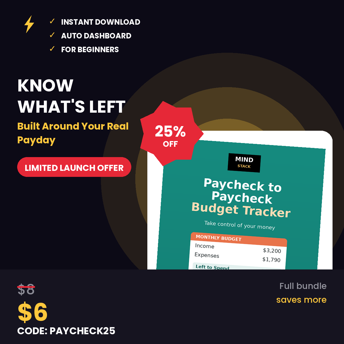 Paycheck Budget Tracker Excel and Google Sheets template with auto-updating dashboard, pie chart, safe-to-spend calculator, expense and bill trackers for paycheck-to-paycheck budgeting