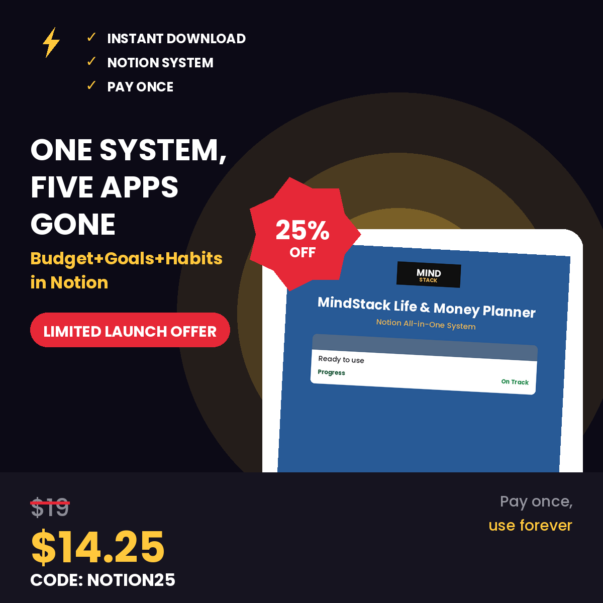 MindStack Life and Money Planner Notion template with budget, debt payoff, savings goals, meal planning, habits, appointments, learning tasks, and monthly review dashboard