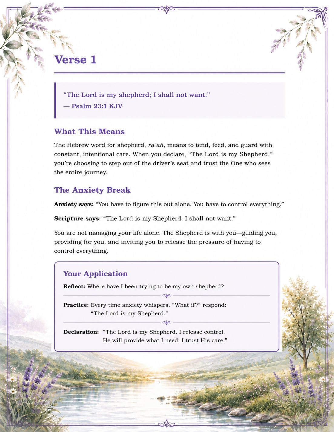 Interior page from The 24-Hour Psalm 23 Anxiety Reset Guide featuring Psalm 23:1 KJV, anxiety reflection prompts, practical application, and a faith-based declaration.