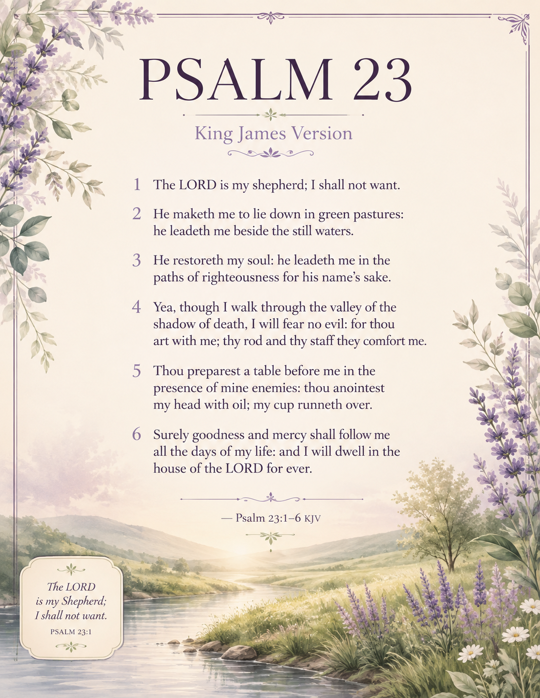 Beautiful Psalm 23 King James Version Scripture page with all six verses, lavender florals, green pastures, still waters, and peaceful Christian devotional design.