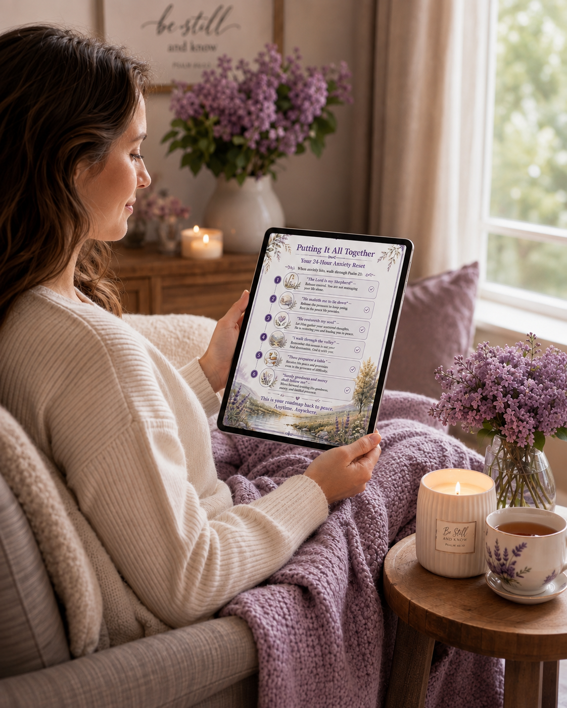 Woman peacefully reading The 24-Hour Psalm 23 Anxiety Reset Guide on a tablet in a relaxing faith-based setting with lilac flowers, candlelight, and tea.