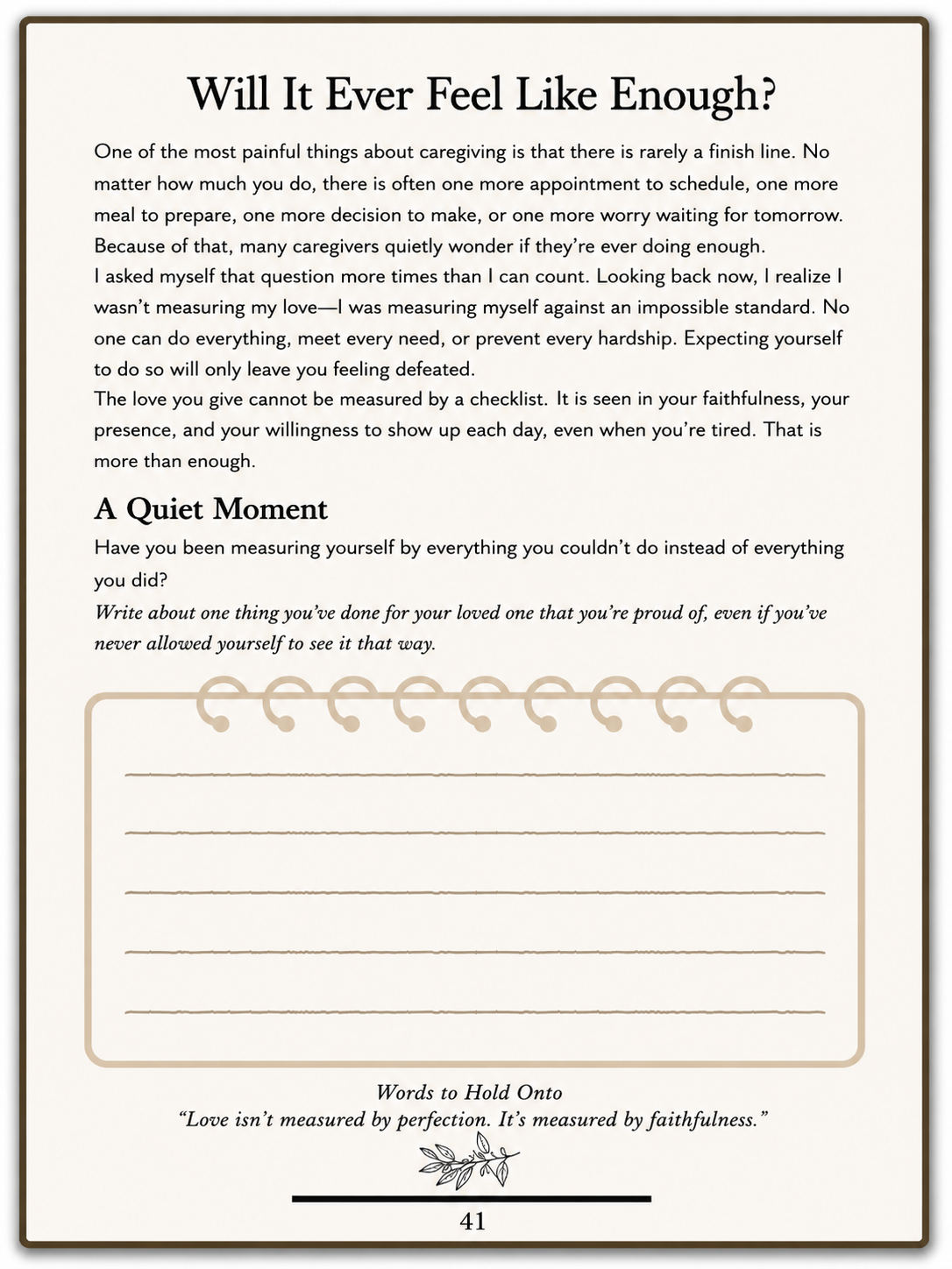 Will It Ever Feel Like Enough? caregiver reflection page addressing caregiver guilt, self-doubt, emotional exhaustion, and the pressure family caregivers may feel while caring for a loved one with dementia.