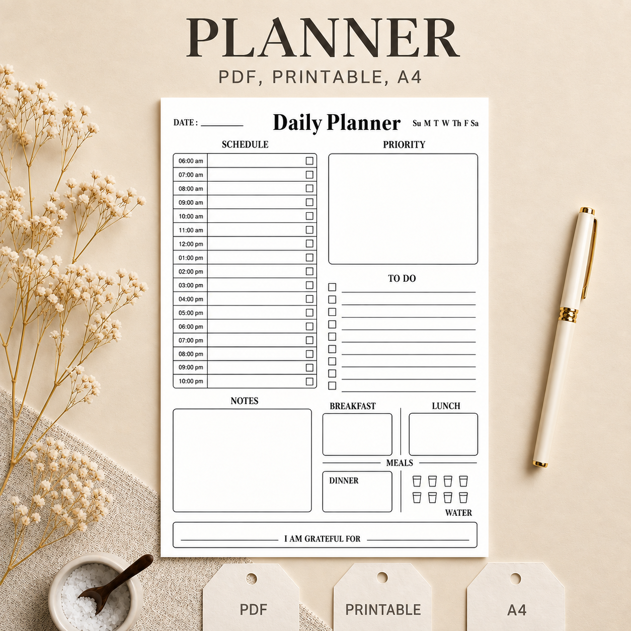 Black and white printable daily planner template with to-do list and notes