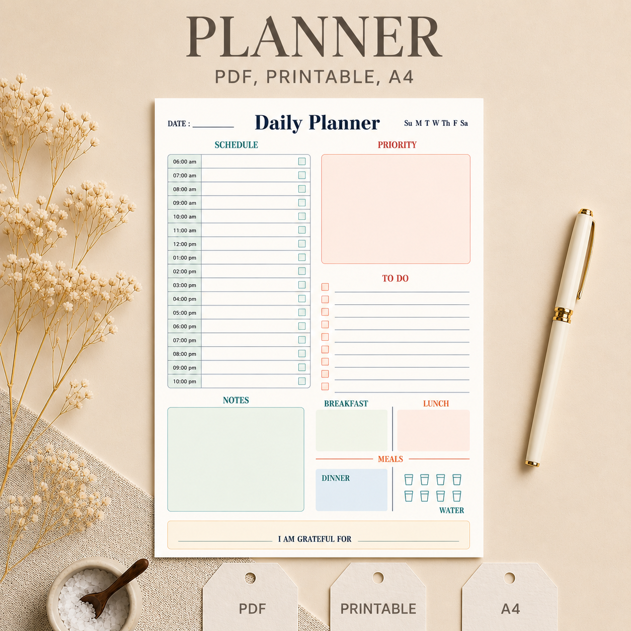 Color printable daily planner template with meal tracker and water tracker