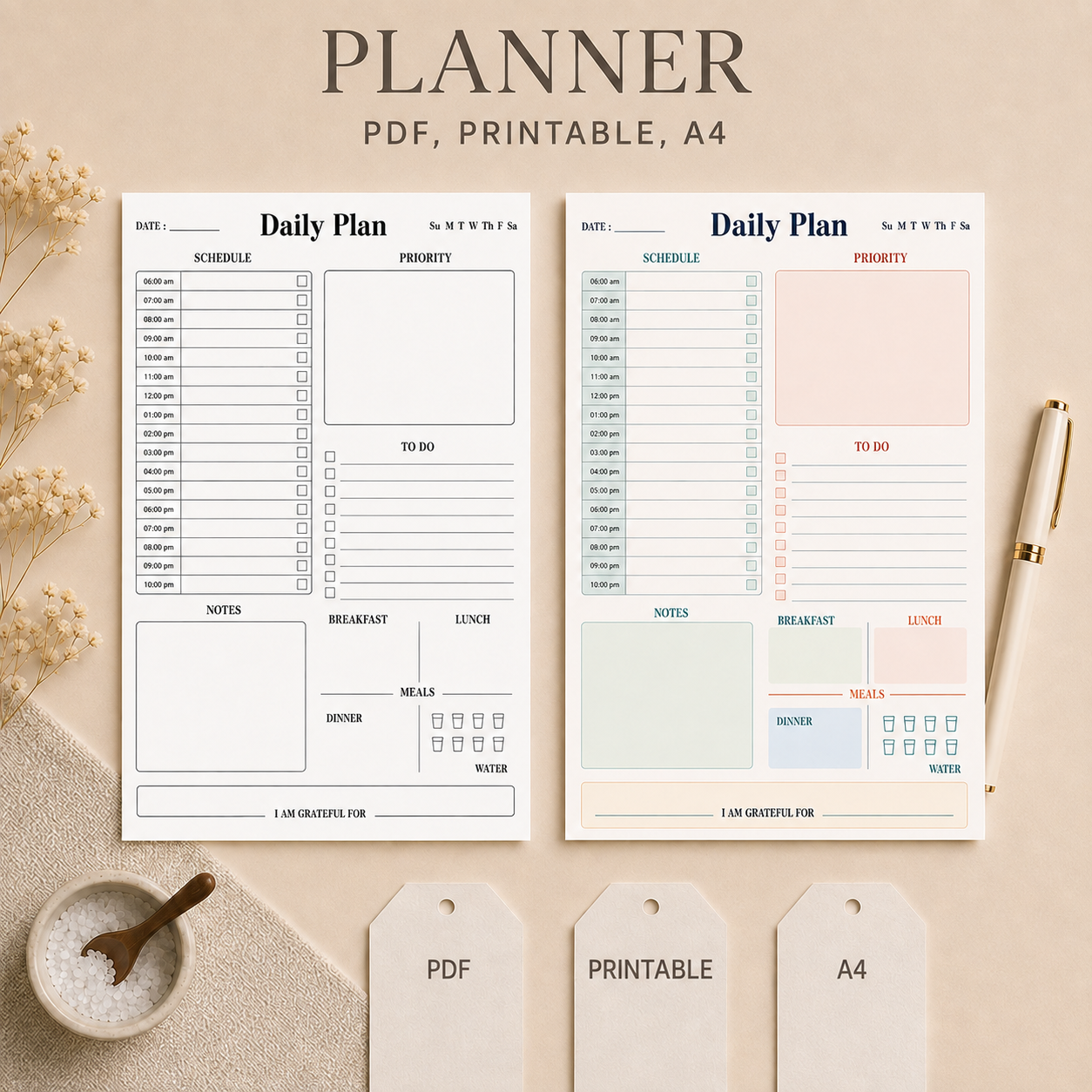 Undated daily planner printable PDF - hourly daily planner template