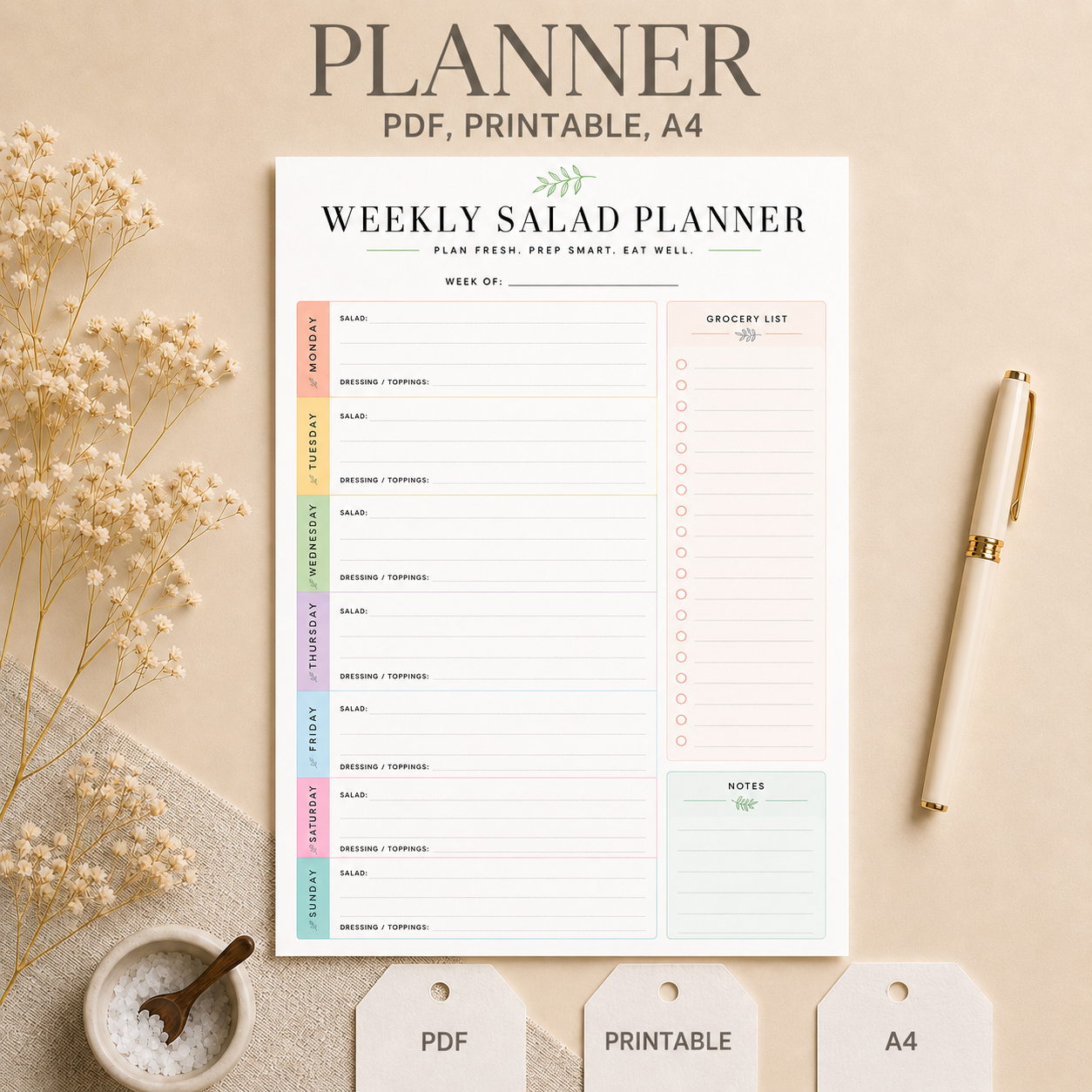 Color printable weekly salad planner with meal prep and grocery list sections