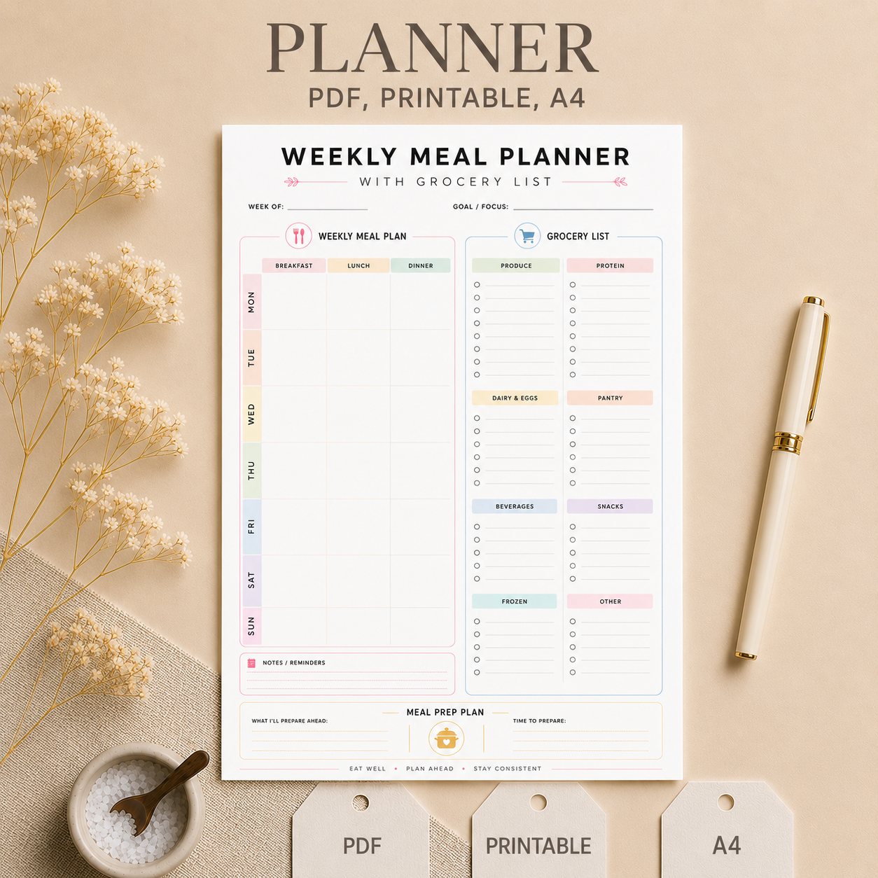 Green printable weekly meal planner template with breakfast lunch dinner sections