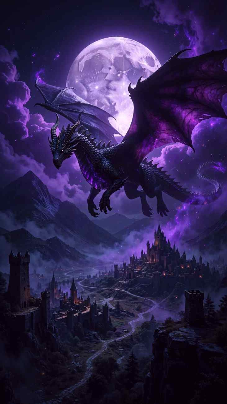 A majestic ancient dragon emerges beneath the violet moon, guarding the forgotten realms beyond the Violet Palace.