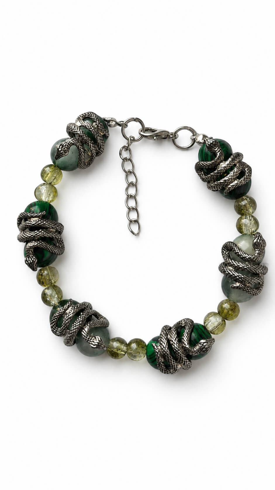 Handmade genuine Malachite and Green Chalcedony snake bracelet with silver-tone details