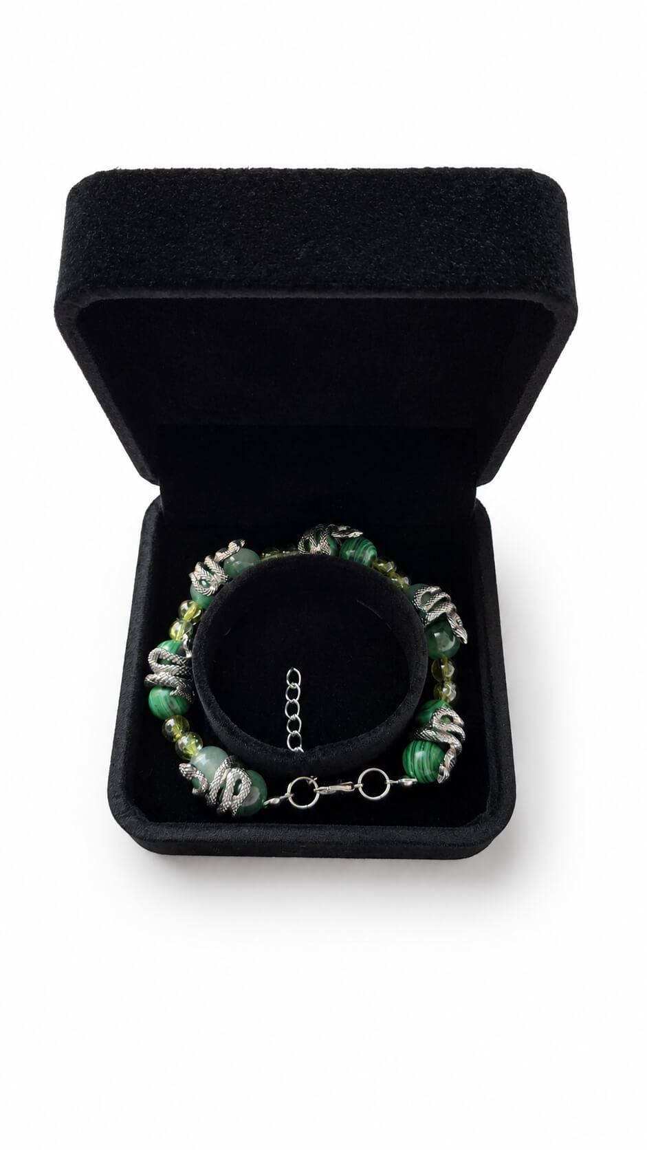 Malachite and Green Chalcedony snake bracelet presented in a black jewellery gift box