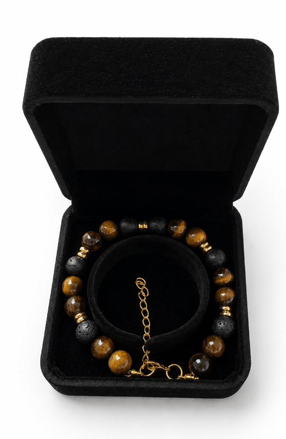 Tiger’s Eye and black Lava Stone bracelet presented in a black velvet jewellery gift box