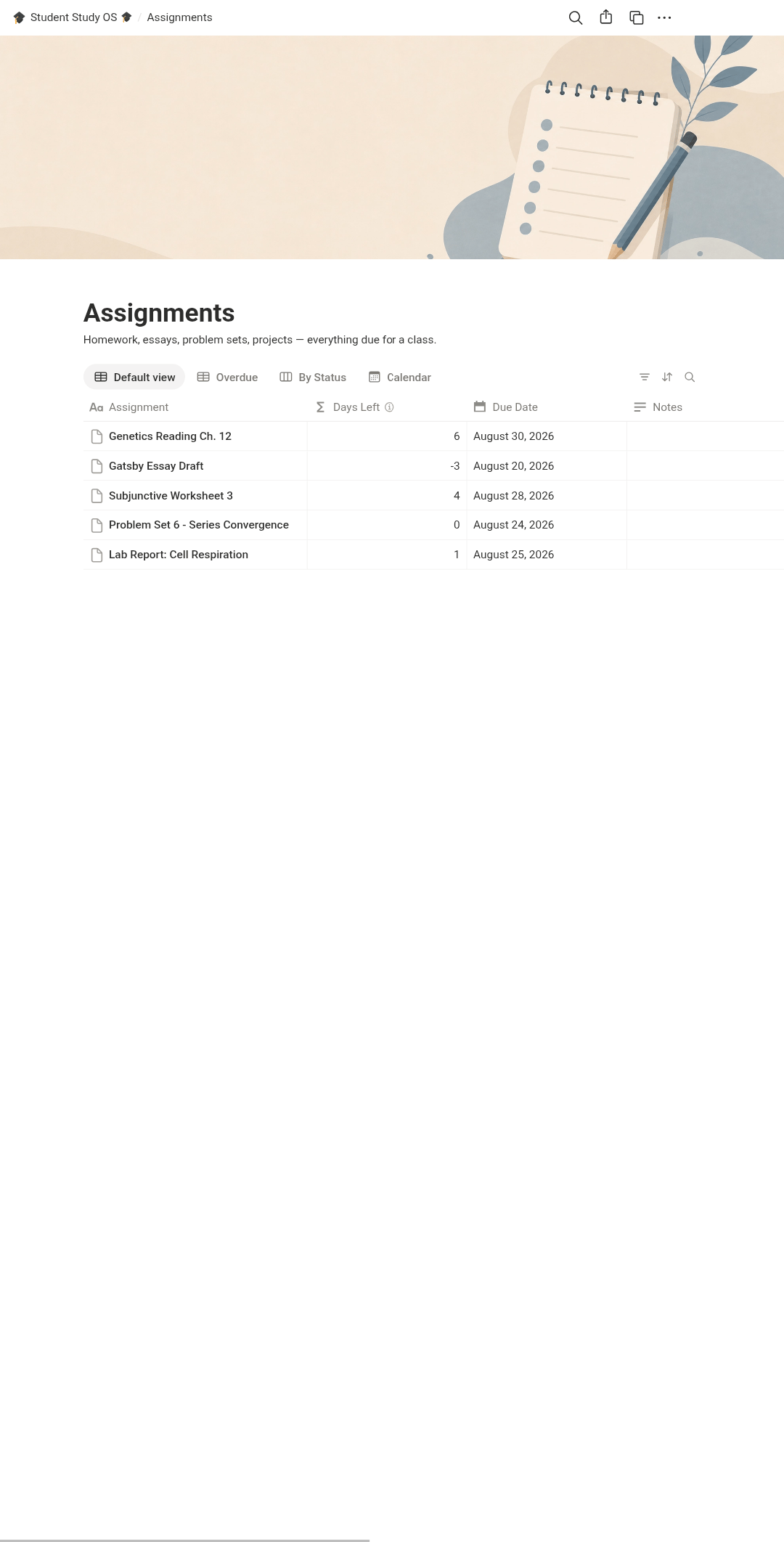 Notion assignment tracker with due dates and priority