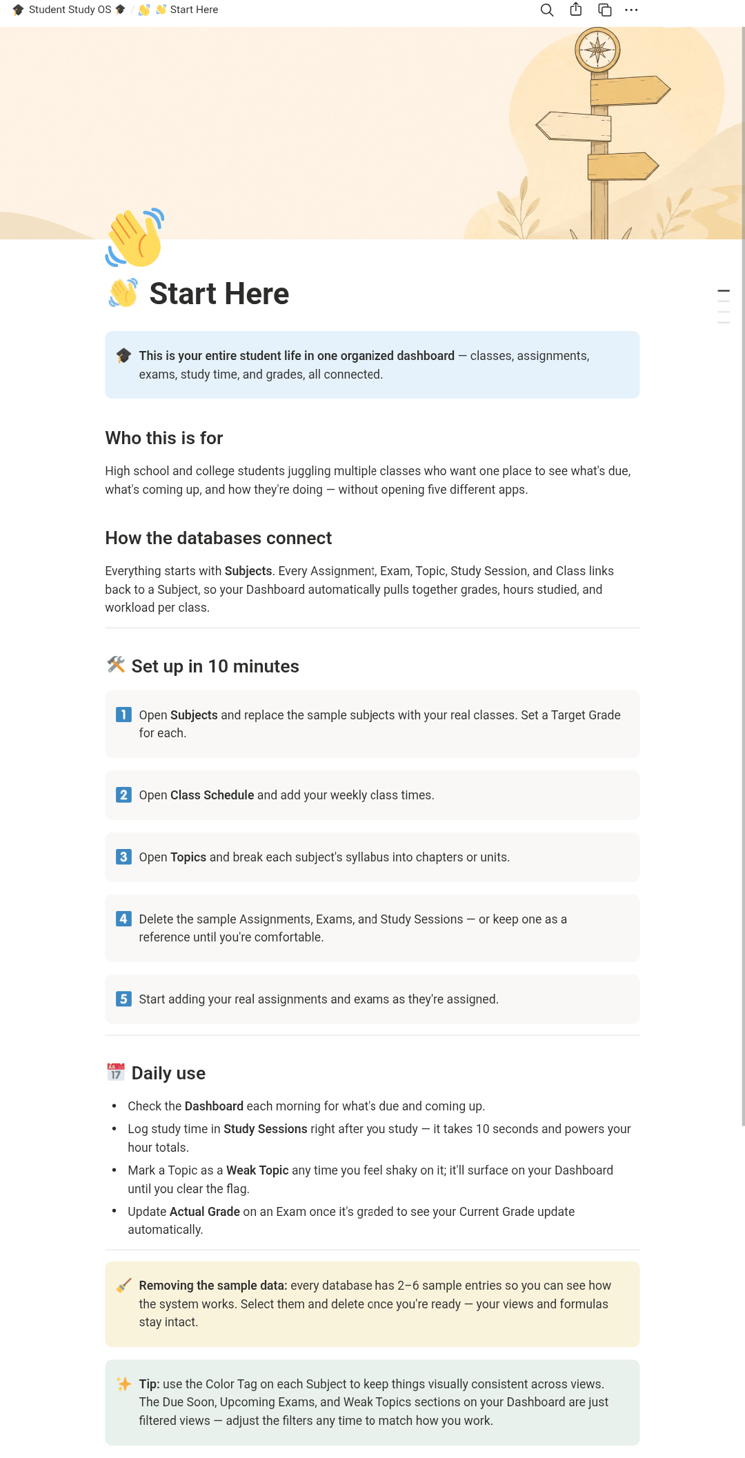 Notion template onboarding guide for students