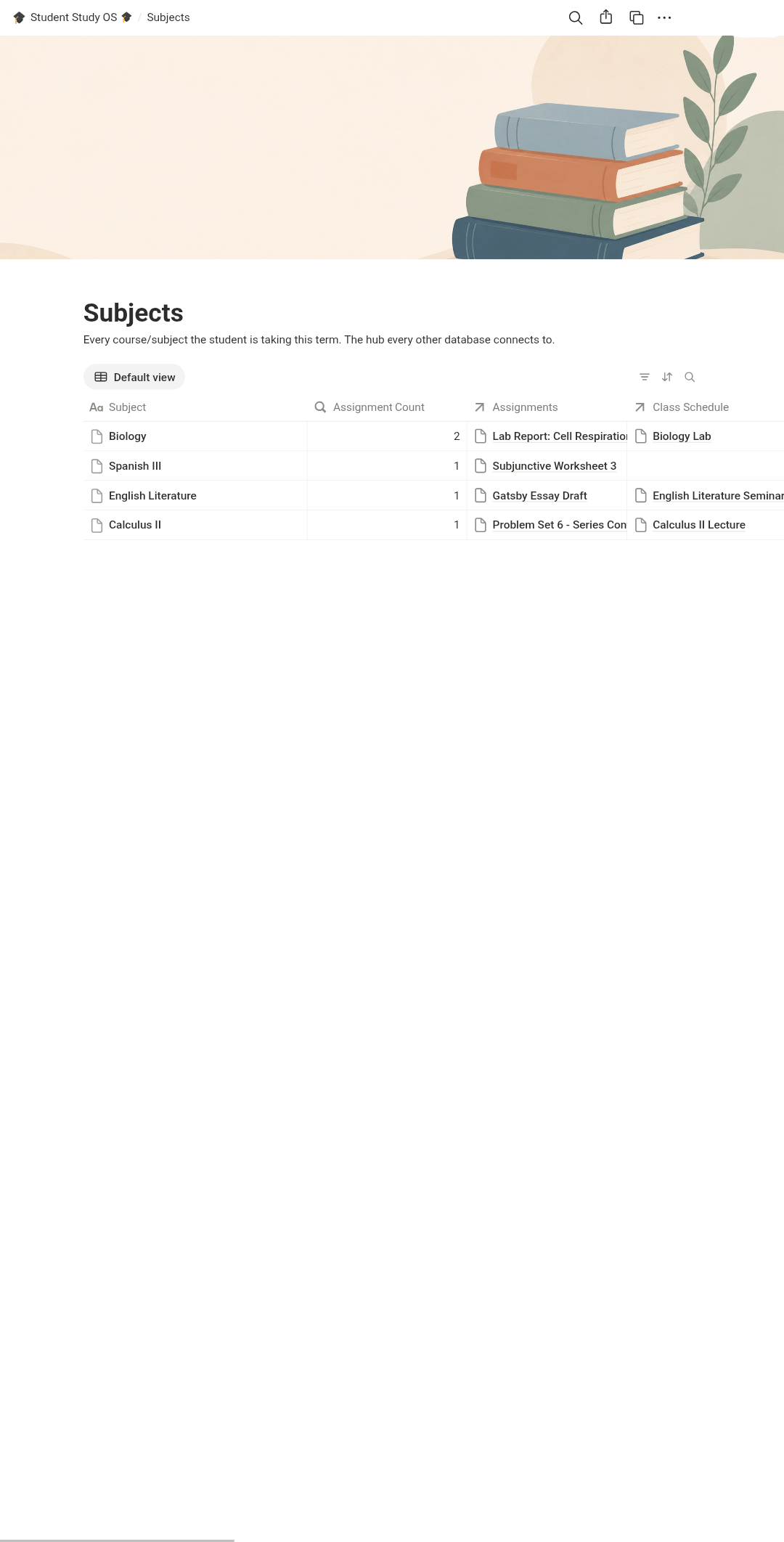 Notion subjects database with grade tracking