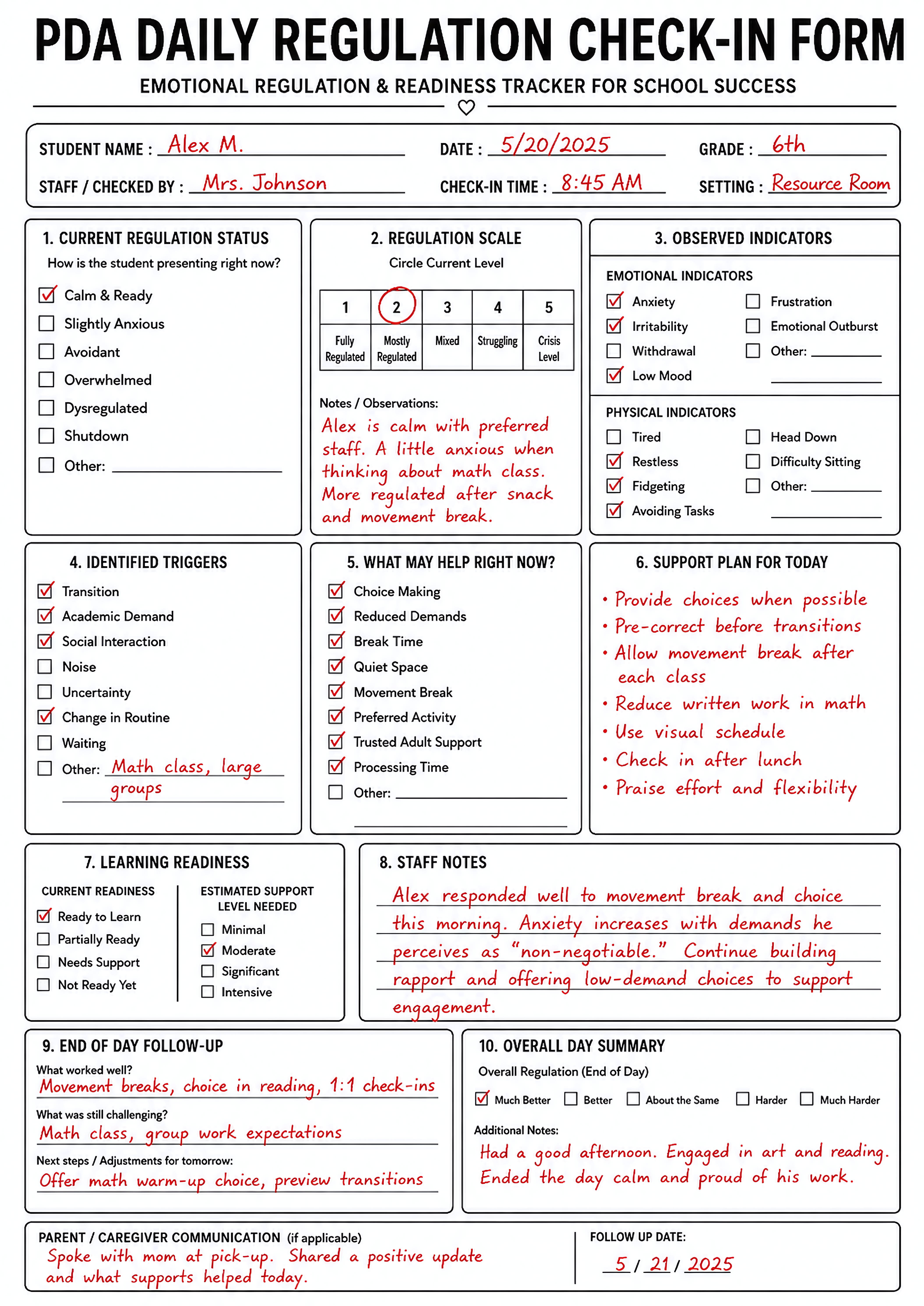 PDA Daily Regulation Check-In Form free printable