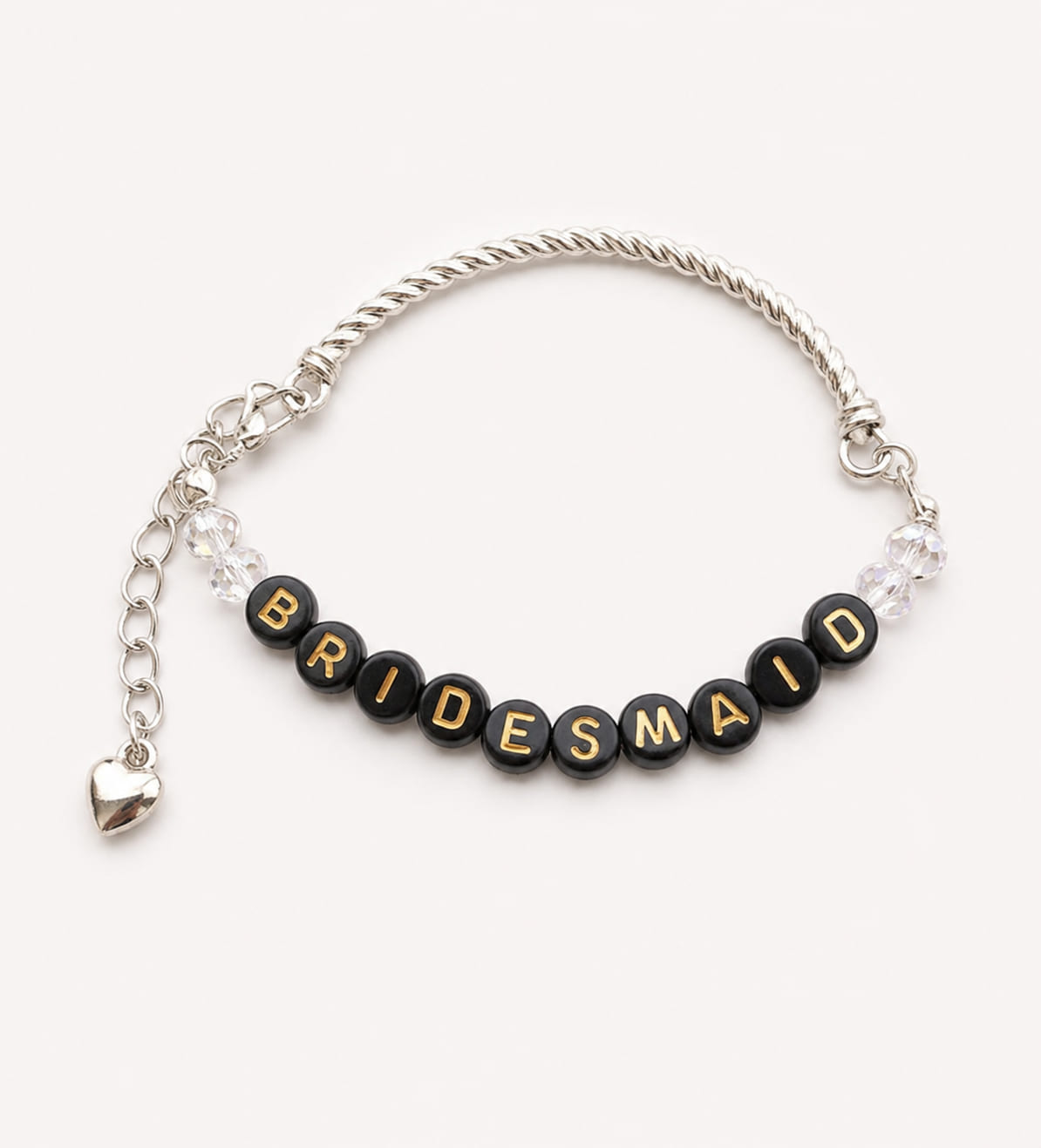 Handmade bridesmaid wire bracelet featuring faceted clear crystal beads, black and gold BRIDESMAID letter beads, and a dangling silver heart clasp extender.
