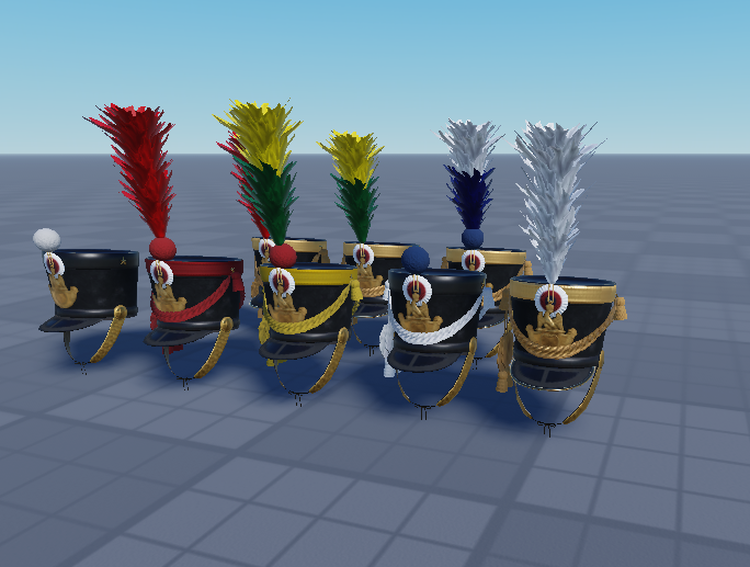Detailed French military shakos with colored plumes