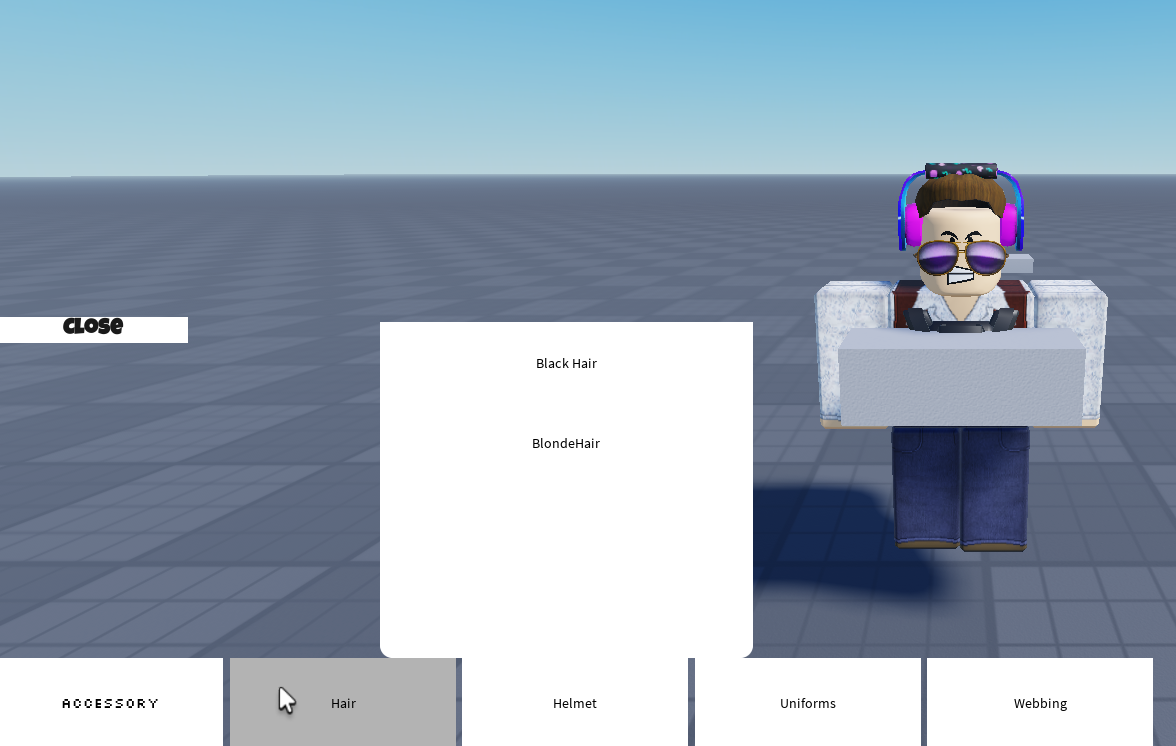 Roblox avatar customization menu with category buttons