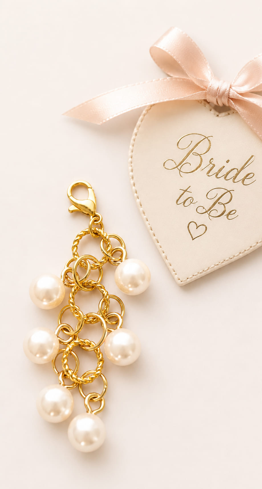 Handmade bridal bouquet memory charm featuring a gold chain mesh layout with dangling lustrous faux pearls