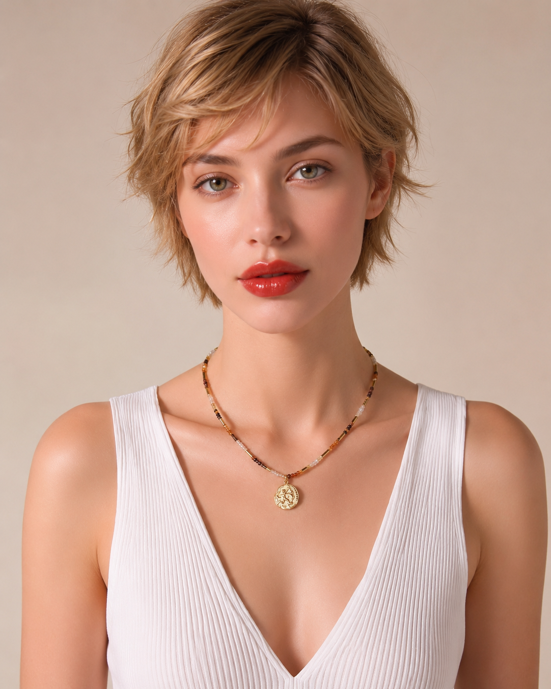 Modella a mezzo busto con collana Sagittario artigianale in pietre naturali