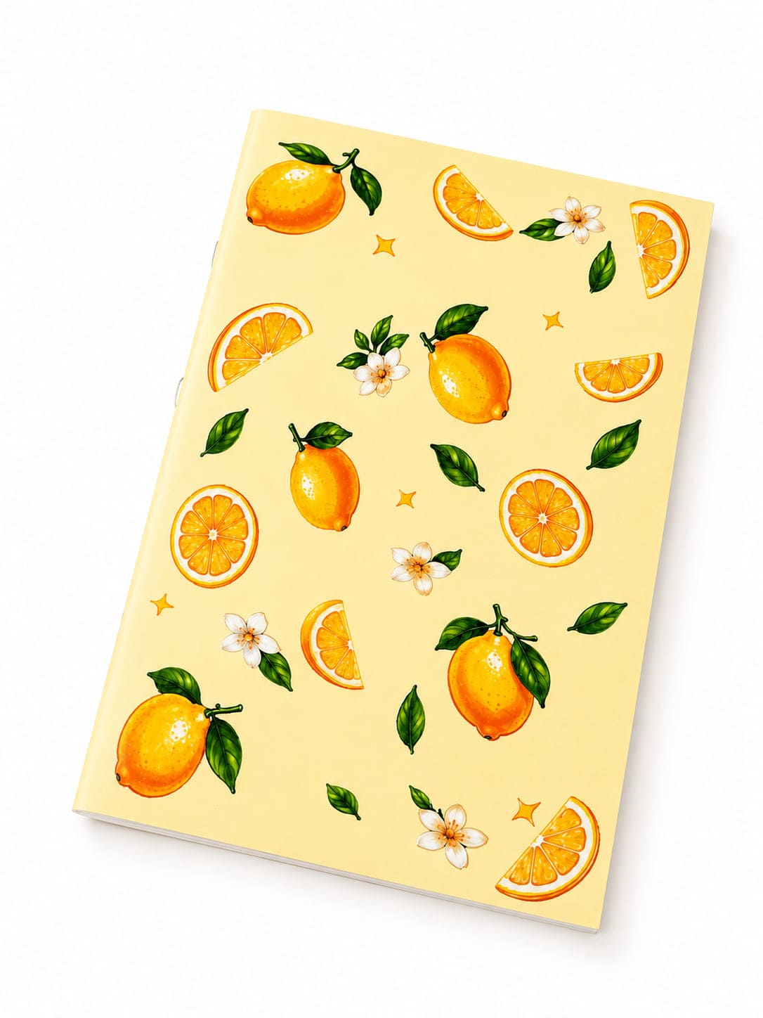 Yellow A5 notebook with illustrated lemons, orange slices, green leaves and white blossoms