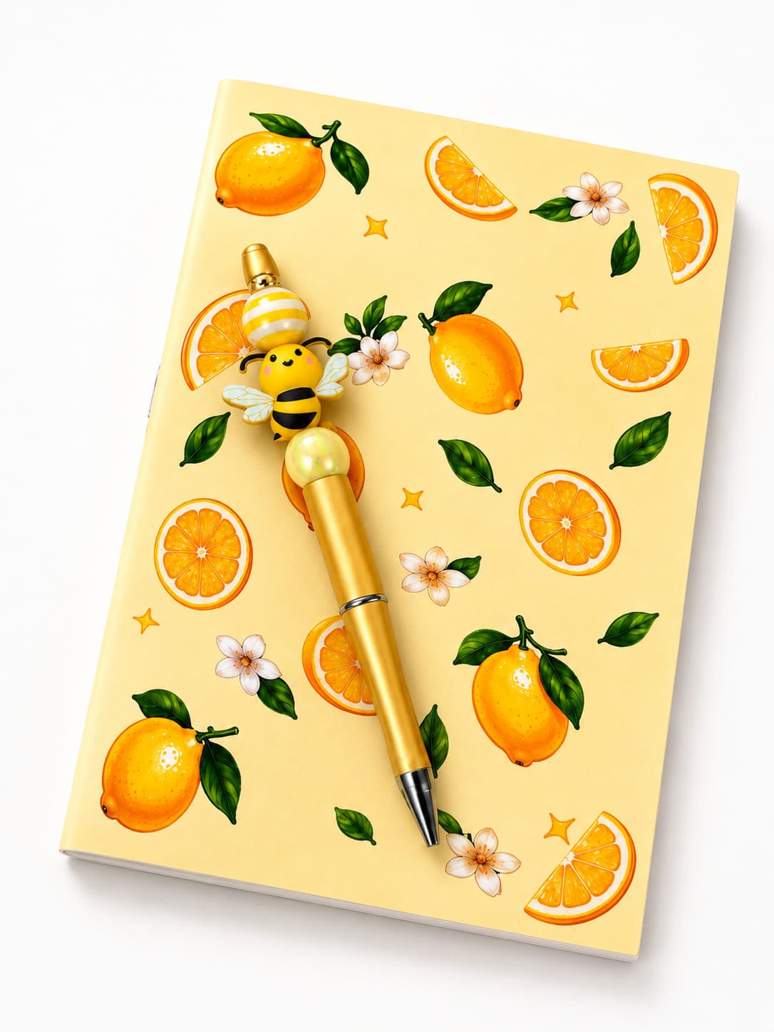 Yellow lemon notebook with handmade bumblebee beaded pen stationery gift set