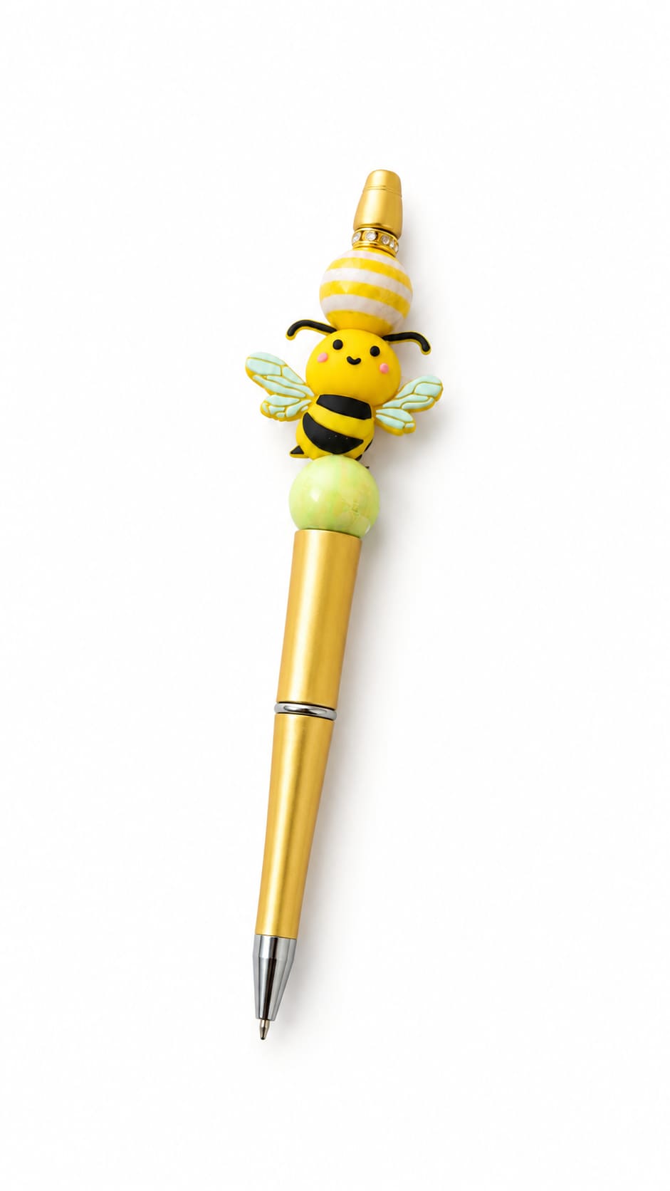 Handmade golden bumblebee beaded pen with yellow striped bee and decorative beads