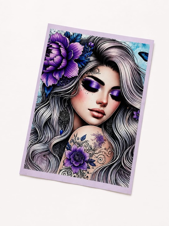 Purple gothic fantasy notebook featuring silver-haired woman, floral tattoos and violet flowers