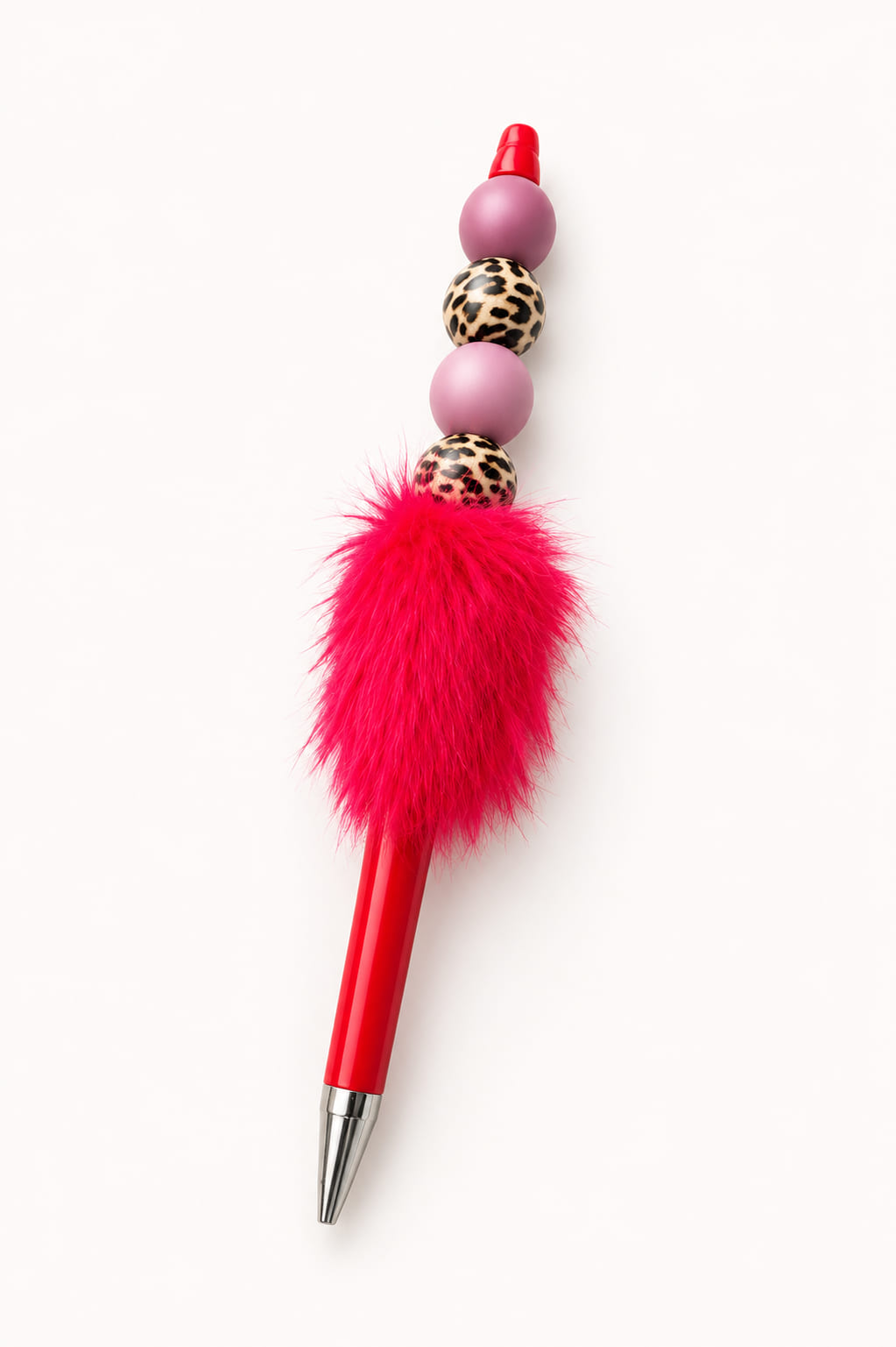 Red pen decorated with hot pink fluffy pom-pom, pink round beads and leopard print accent beads