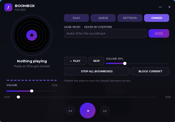 Player boombox music playback system Roblox