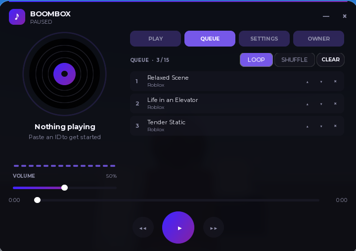 Global music control panel for Roblox