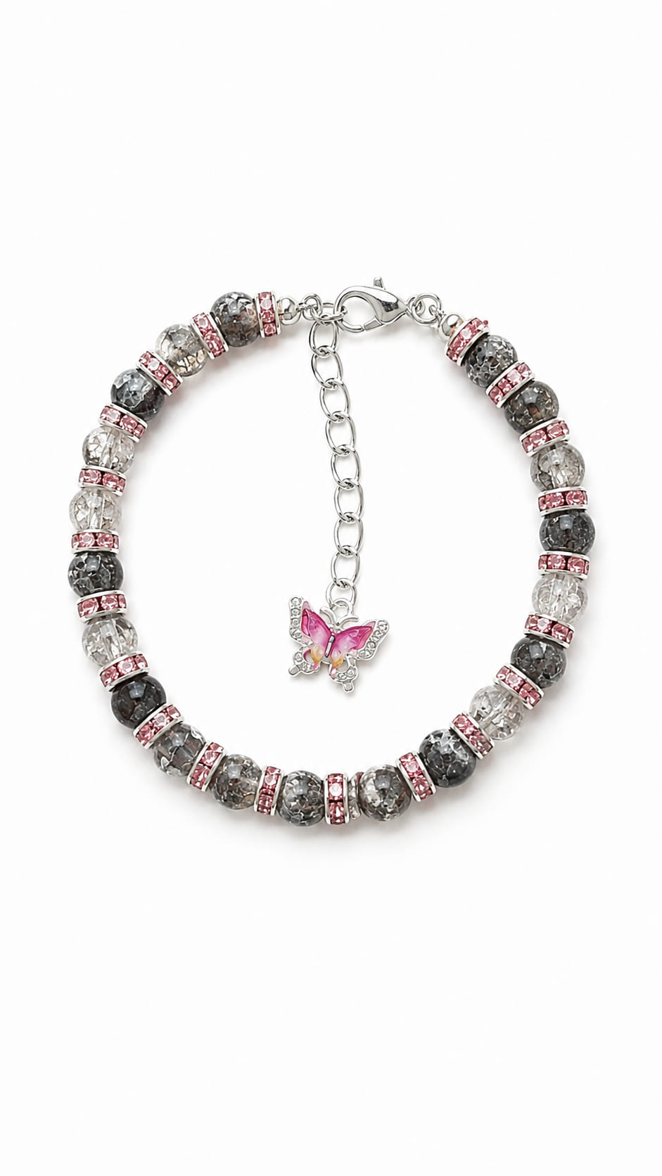 Handmade grey cracked-glass bracelet with pink rhinestone spacers and butterfly charm