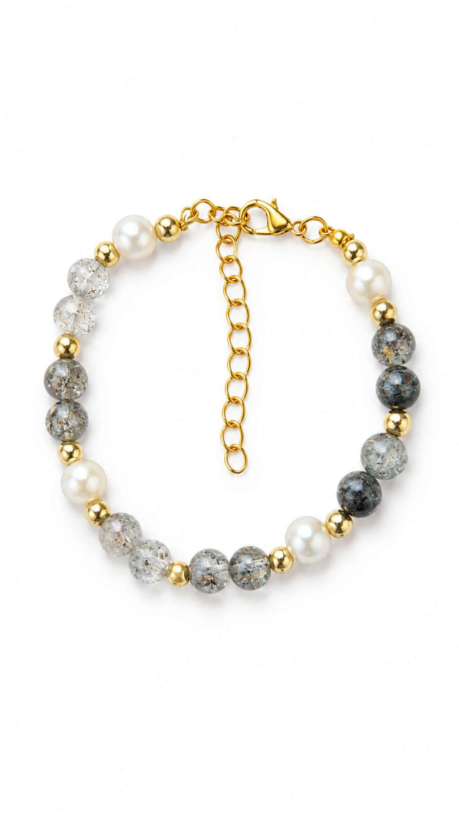 Handmade grey crackle bead and faux pearl bracelet with gold-tone accents