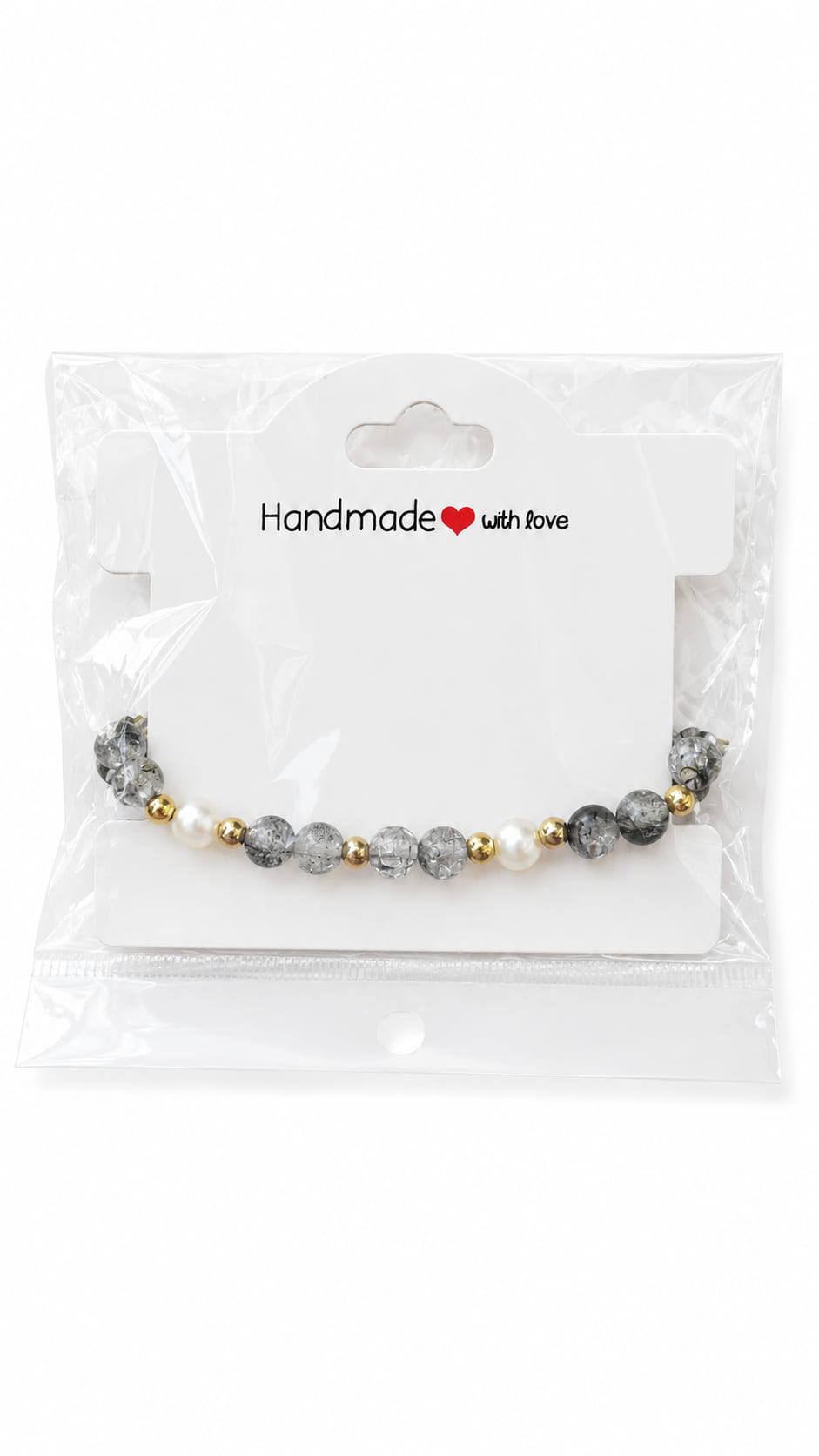 Grey crackle bead and pearl bracelet on Handmade with Love display card