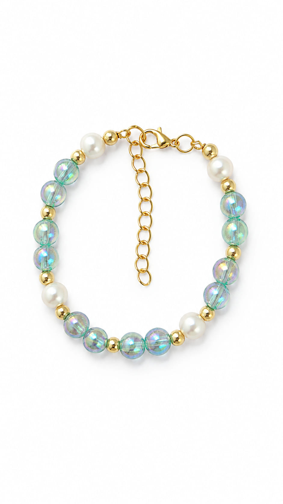 Handmade sea green iridescent and faux pearl bracelet with gold-tone accents