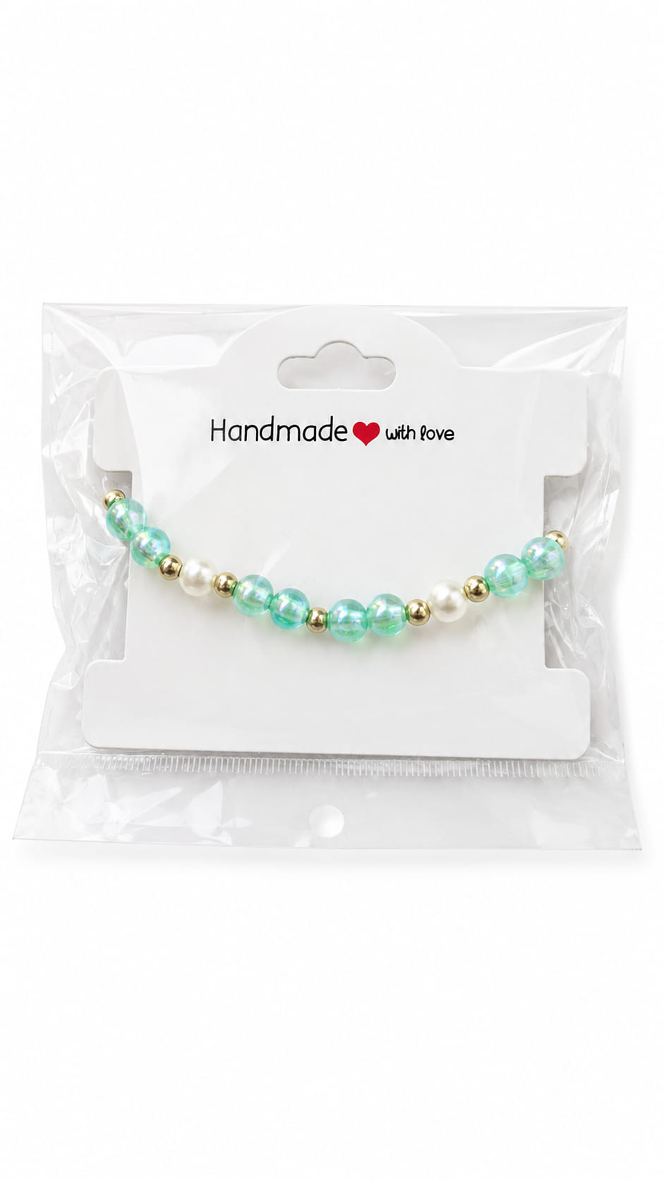 Sea green iridescent and pearl bracelet on Handmade with Love display card
