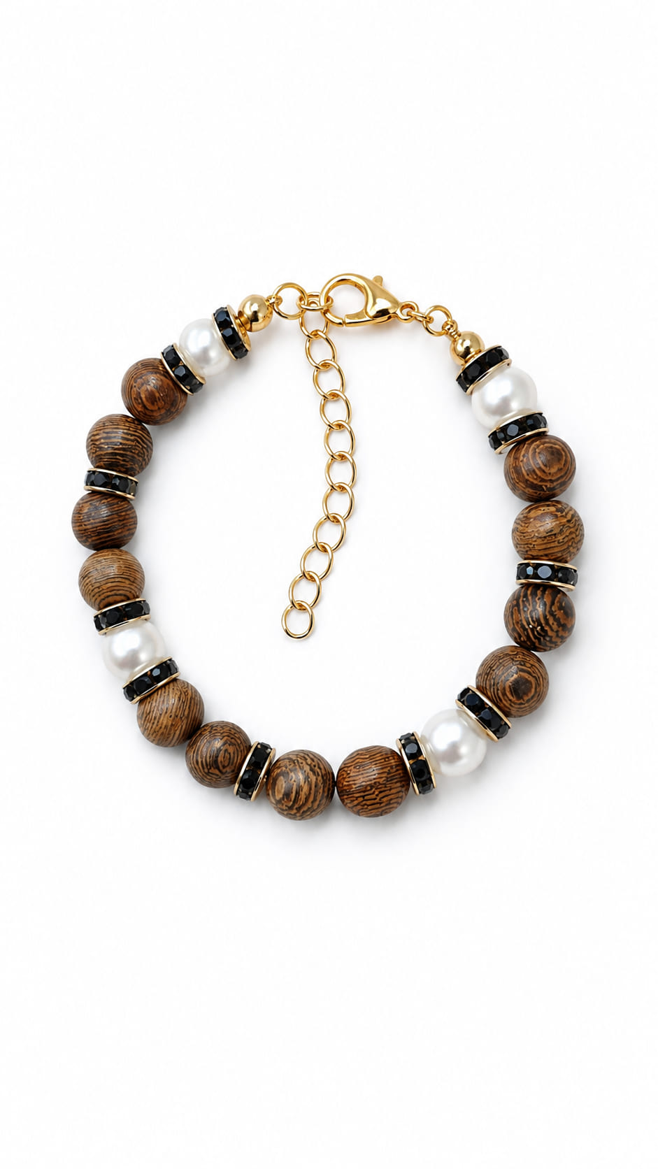 Handmade dark wood and faux pearl bracelet with black sparkling spacers and gold-tone chain