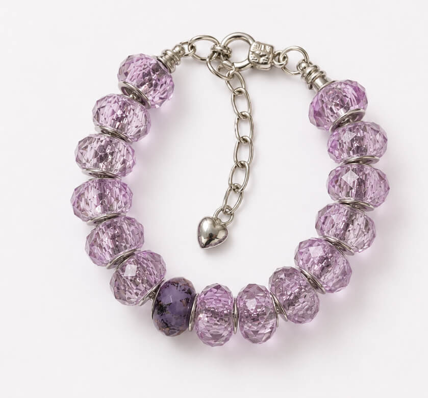 Handmade faceted purple glass bead bracelet with silver-tone extender chain