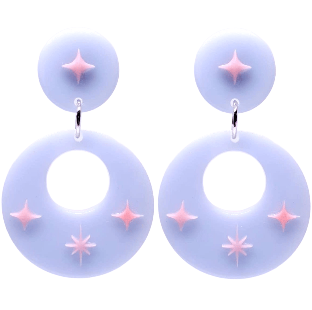 Retro Vintage Style Blue Hoop Earrings with Pink Starburst by Atomic Cat