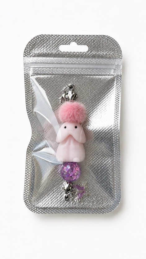 A pastel pink character keychain beautifully presented inside a textured silver hanging retail pouch with clear film.