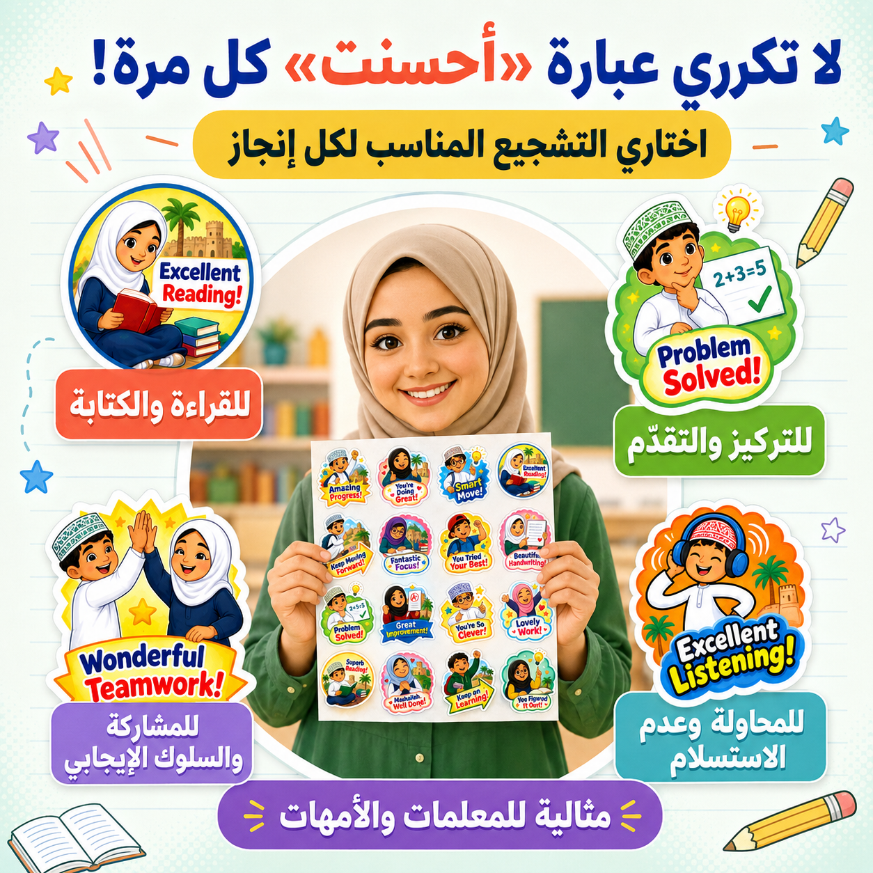 شجّعي طفلكِ دون تكرار الكلام | 220 ستيكر بعبارات إنجليزية جاهزة للطباعة