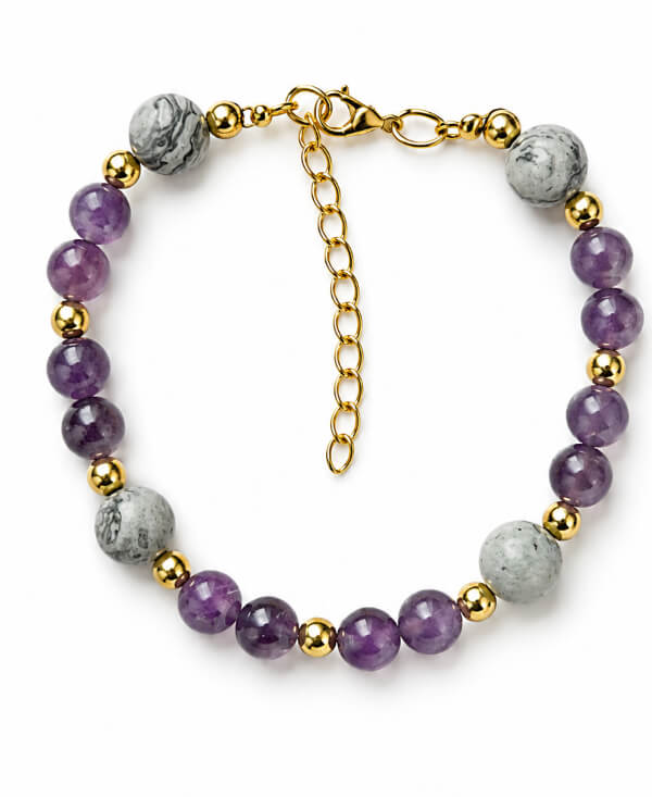 Handmade purple amethyst glass and grey Map Jasper bracelet with gold-tone accents