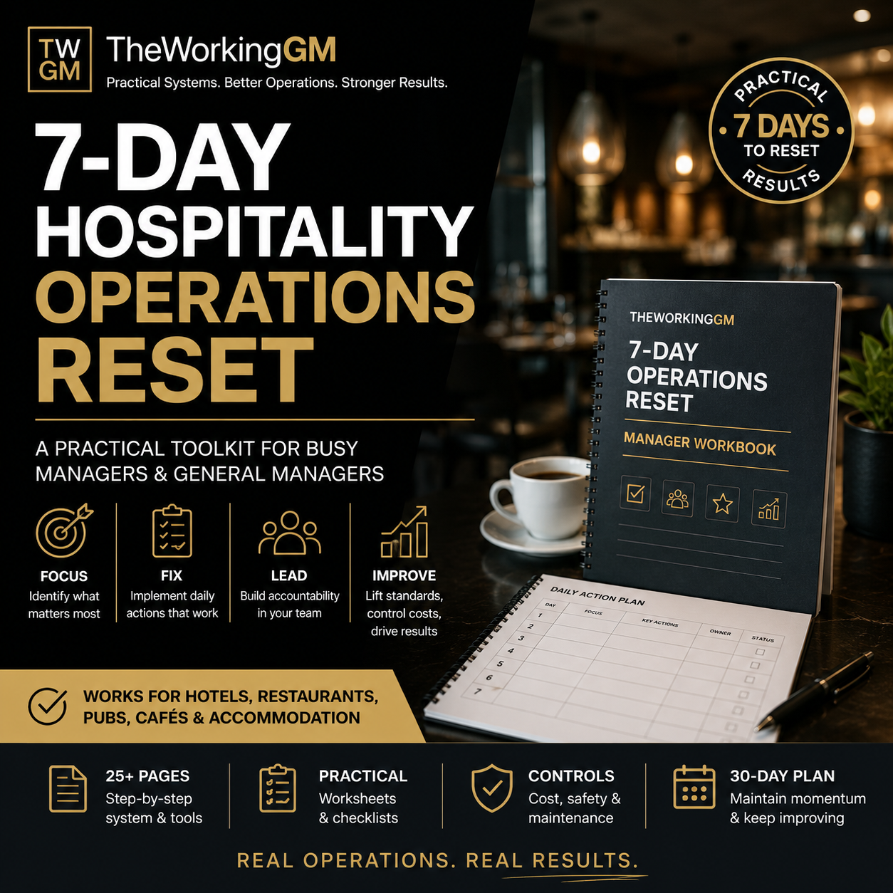 7-Day Hospitality Operations Reset guide and worksheets shown on laptop and phone